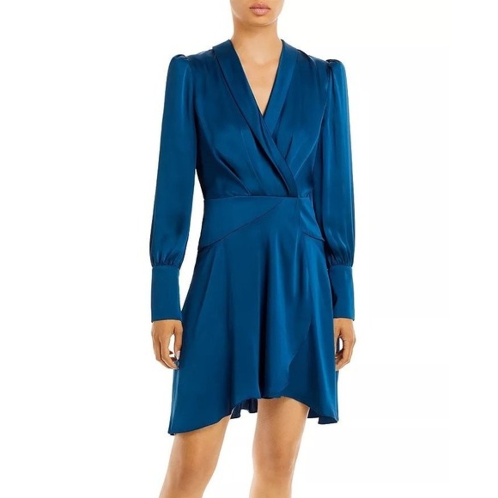 BCBGMAXAZRIA Teal Satin Wrap Mini Dress 4 Luxe Party Cocktail Long Sleeve Chic